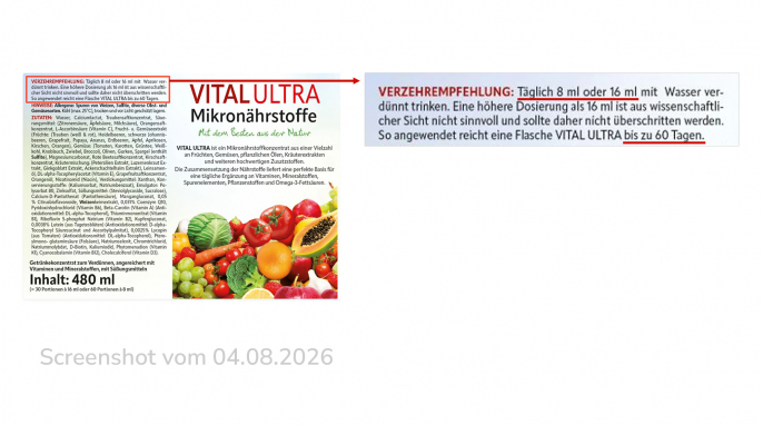 Etikett, Vital Ultra Mikronährstoffe, vitalultra.shop, 04.08.2026 Etikett, Vital Ultra Mikronährstoffe, vitalultra.shop, 04.08.2026