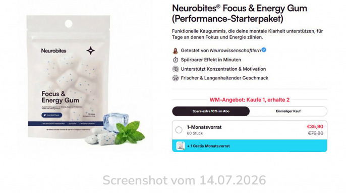 Neurobites Focus & Energy Gum, tryneurobites.com, 14.07.2026 Neurobites Focus & Energy Gum, tryneurobites.com, 14.07.2026