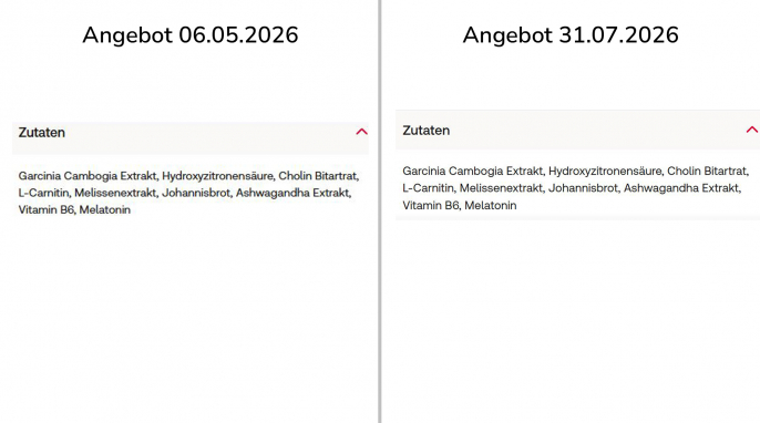 alt: Zutaten, Keto Night Burn, Shop-Apotheke.com, 06.05.2026; neu: Keto Burn Night Mode, 31.07.2026 alt: Zutaten, Keto Night Burn, Shop-Apotheke.com, 06.05.2026; neu: Keto Burn Night Mode, 31.07.2026