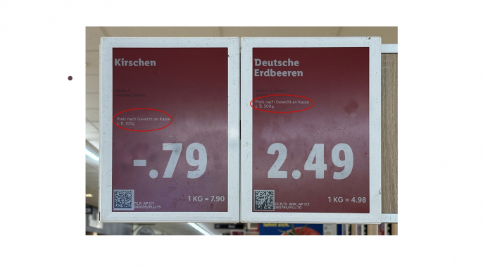 Preisangabe, Kirschen und Erdbeeren, Lidl Gelnhausen, 27.05.2026 Preisangabe, Kirschen und Erdbeeren, Lidl Gelnhausen, 27.05.2026