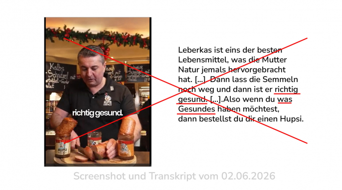 entfernt: Werbevideo Screenshot und Ausschnitt Transkript Hupsi Leberkäse, youtube.com, 02.06.2026 entfernt: Werbevideo Screenshot und Ausschnitt Transkript Hupsi Leberkäse, youtube.com, 02.06.2026