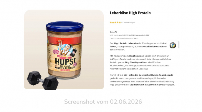 Angebot, Beispiel Hupsi High Protein Leberkäse, hupsi-leberkas.de, 02.06.2026 Angebot, Beispiel Hupsi High Protein Leberkäse, hupsi-leberkas.de, 02.06.2026