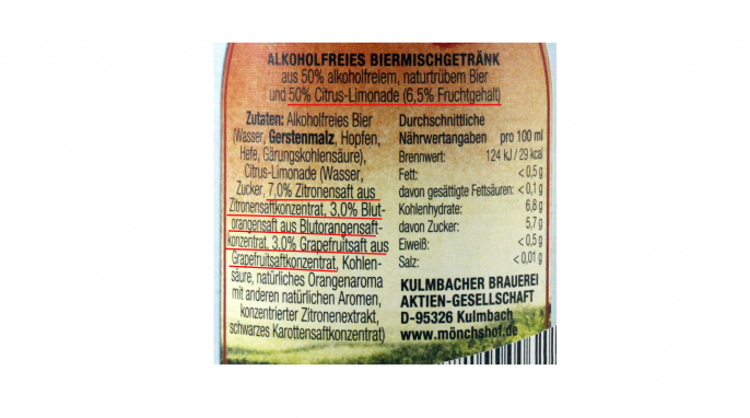 Bezeichnung und Zutaten, Mönchshof Natur Radler 0,0 % Alkohol Blutorange Bezeichnung und Zutaten, Mönchshof Natur Radler 0,0 % Alkohol Blutorange