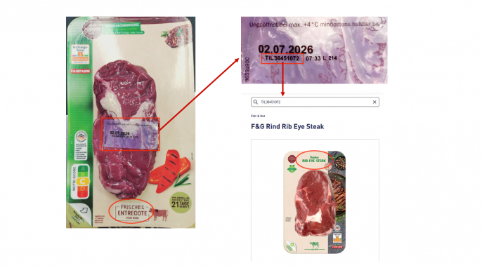 Aldi „Frisches Entrecote“ und Ergebnis „Rib-Eye-Steak“ nach Eingabe auf transparenz.aldi.de, 24.06.2026 Aldi „Frisches Entrecote“ und Ergebnis „Rib-Eye-Steak“ nach Eingabe auf transparenz.aldi.de, 24.06.2026