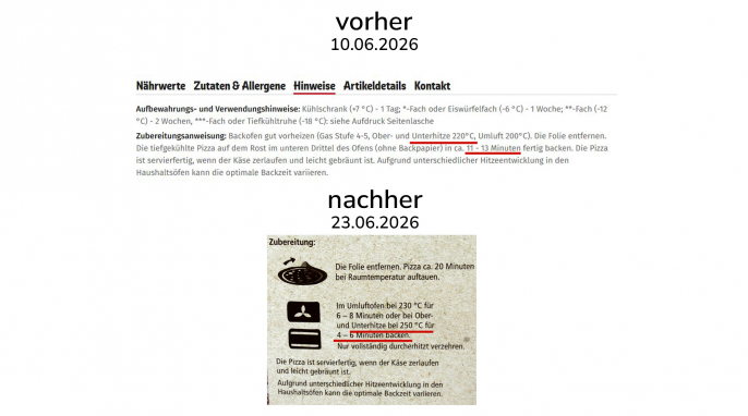 Zubereitung, Rewe Bio Steinofen Pizza Spinat Feta, 23.06.2026; Rewe Bio Holzofen Pizza Spinat Feta, Screenshot 10.06.2026 Zubereitung, Rewe Bio Steinofen Pizza Spinat Feta, 23.06.2026; Rewe Bio Holzofen Pizza Spinat Feta, Screenshot 10.06.2026