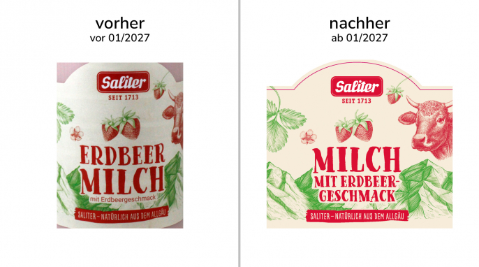 alt: Saliter Erdbeermilch, vor 2027; neu: ab Januar 2027, Herstellerfoto alt: Saliter Erdbeermilch, vor 2027; neu: ab Januar 2027, Herstellerfoto