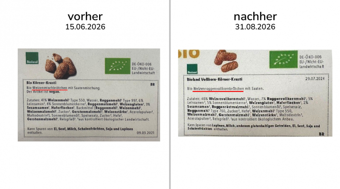alt: Zutaten, Bio Körner-Krusti, Lidl Gelnhausen, 15.06.2026; neu: Bio Vollkorn-Körner-Krusti, 31.08.2026 alt: Zutaten, Bio Körner-Krusti, Lidl Gelnhausen, 15.06.2026; neu: Bio Vollkorn-Körner-Krusti, 31.08.2026