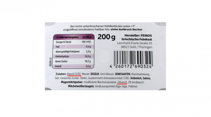 Zutaten, Feinos Griechische Feinkost Aioli Knoblauch Creme