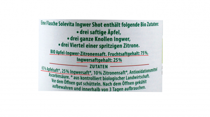 Bezeichnung und Zutaten, Solevita Bio Ingwer Shot Bezeichnung und Zutaten, Solevita Bio Ingwer Shot