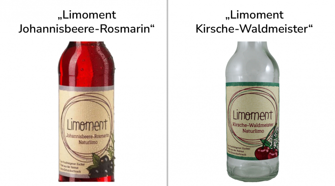 Flaschenfronten, Limoment Kirsche-Waldmeister Naturlimo; Limoment Johannisbeere-Rosmarin Naturlimo, limoment.de, 22.09.2026 