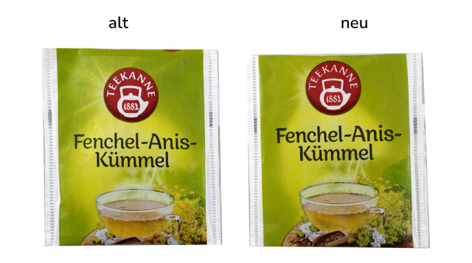 Verpackung Teebeutel, Teekanne Fenchel-Anis-Kümmel, alt und neu