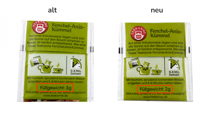 Verpackung Teebeutel, Teekanne Fenchel-Anis-Kümmel, alt und neu
