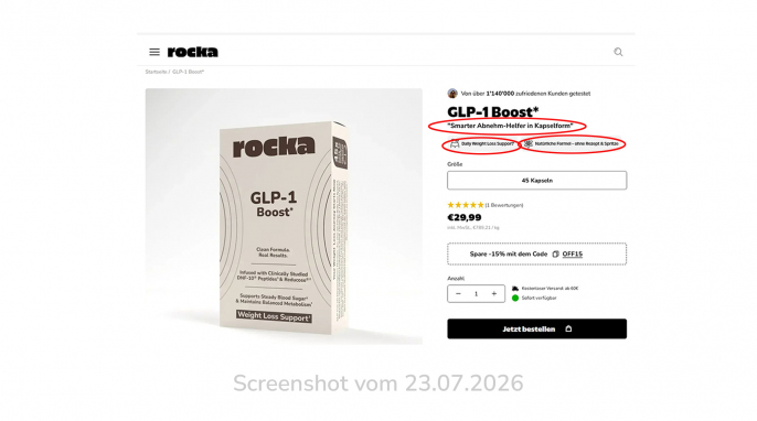 Rocka GLP-1 Boost, rockanutrition.de, 23.07.2026 Rocka GLP-1 Boost, rockanutrition.de, 23.07.2026
