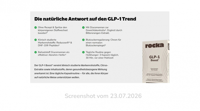 Rocka GLP-1 Boost, rockanutrition.de, 23.07.2026 Rocka GLP-1 Boost, rockanutrition.de, 23.07.2026