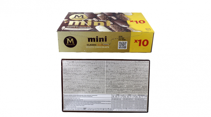 Umverpackung Vorder- und Rückseite, Magnum Mini Classic, Almond, White Chocolate Umverpackung Vorder- und Rückseite, Magnum Mini Classic, Almond, White Chocolate