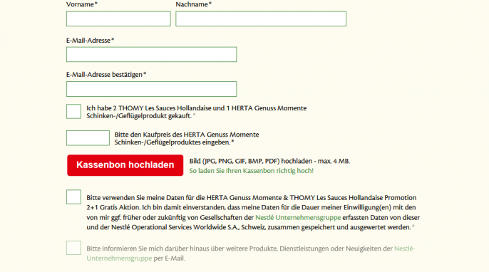 Teilnahmeformular, Aktion „2 + 1 Gratis“, 2 x Thomy Hollandaise + 1 x Herta Genuss Momente, Teilnahme, auf nestle.de, Screenshot vom 29.05.2017
