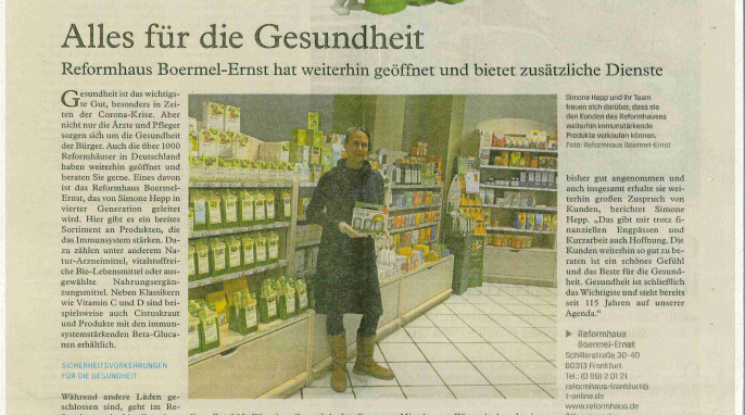 Anzeige „Alles für die Gesundheit“ des Reformhauses Boermel-Ernst, Frankfurter Rundschau vom 2. April 2020 