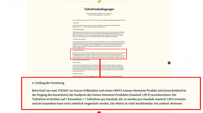 Teilnahmebedingungen, Aktion „2 + 1 Gratis“, 2 x Thomy Hollandaise + 1 x Herta Genuss Momente, Teilnahme, auf nestle.de, Screenshot vom 29.05.2017