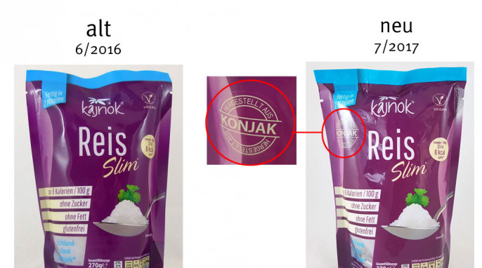 alt: Produktverpackung, Beispiel Kajnok Reis Slim, 6/2016; neu: 7/2017