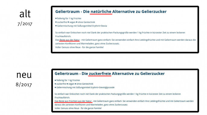 alt: Beschreibung, Geliertraum auf nosugarsugar.de, Screenshot 17.07.2017; neu: Screenshot 10.08.2017