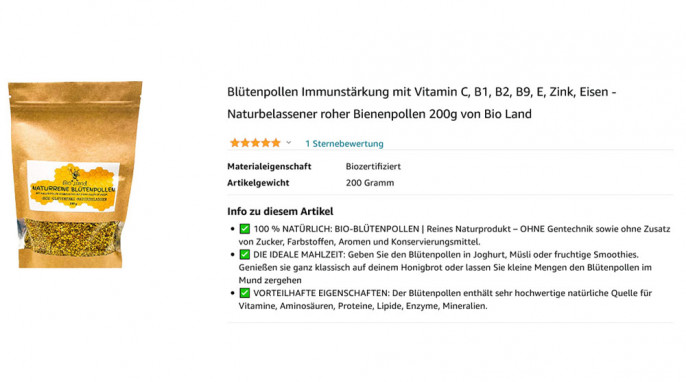 Bio Land Naturreine Blütenpollen, amazon.de, 27.05.2021