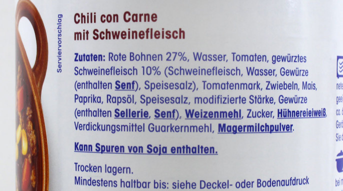 Zutatenverzeichnis, Ja! Chili con Carne mit Schweinefleisch 