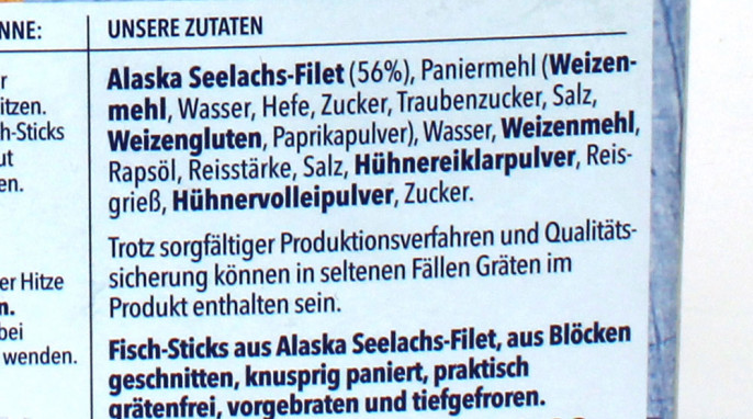 Zutaten, Iglo 6 Riesen Fisch-Sticks