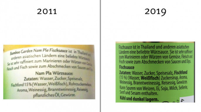 Zutaten + Bezeichnung, 2011: Bamboo Garden Thai Nam Pla Fischsauce; 2019: Bamboo Garden Thai Fischsauce