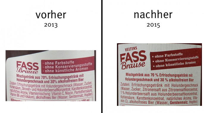 Vorher: Rückseite, Veltins Fassbrause Holunder, 2013; nachher: Rückseite,Veltins Fassbrause Holunder, 2019