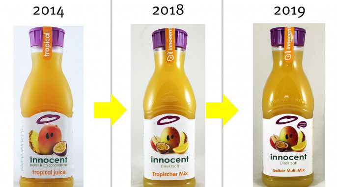 alt: innocent tropical juice/tropischer Mix, vor 2019; neu: innocent Gelber Multi-Mix, 2019