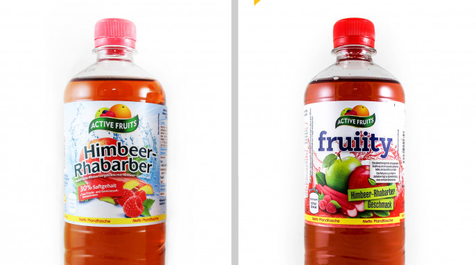 alt: Active Fruits Himbeer-Rhabarber, vor 4/2018; neu: Active Fruits fruiity Himbeer-Rhabarber Geschmack, 4/2018