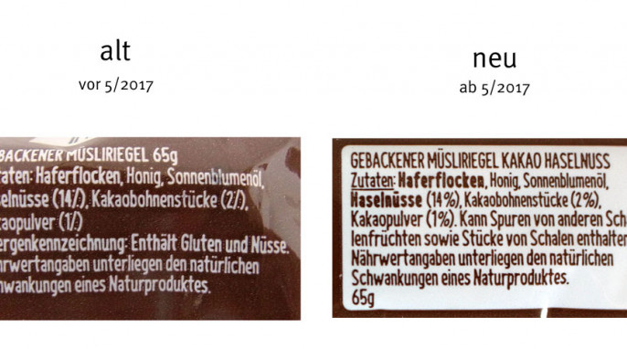 alt: Zutaten, Hafervoll Flapjack, Beispiel Sorte Kakao Haselnuss, vor Mai 2017; neu: ab Mai 2017