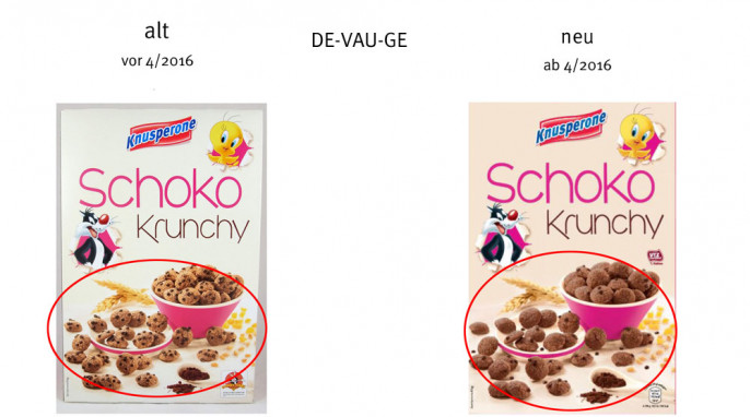 aAlt: Aldi Knusperone Schoko Krunchy, DE-VAU-GE, vor April 2016, neu: Knusperone Schoko Krunchy, ab April 2016, Herstellerfoto