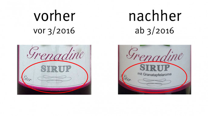 Ausschnitt, Allstedter Schloßberg Grenadine Sirup, links vor März 2016, rechts ab März 2016