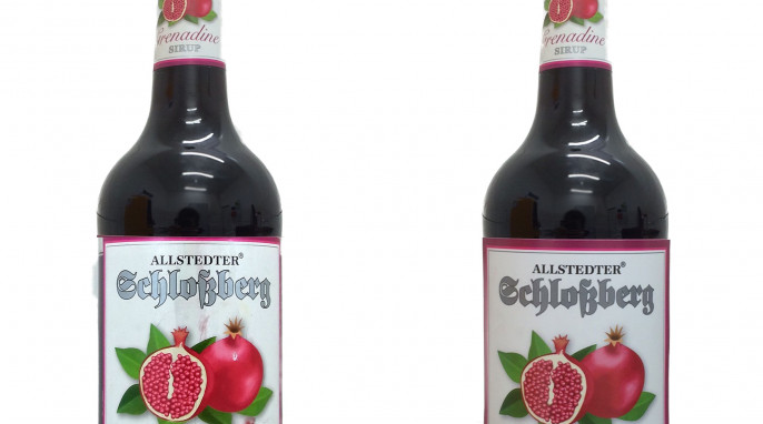 Allstedter Schloßberg Grenadine Sirup, links vor März 2016, rechts ab März 2016