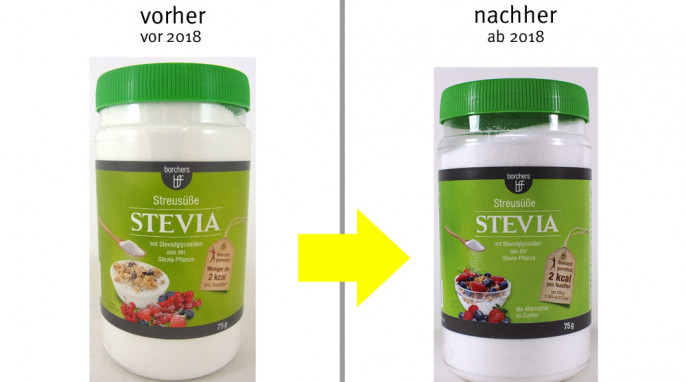 alt: Borchers Streusüße Stevia, vor 2018; neu: ab 2018