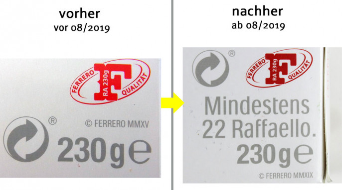 alt: Füllmengenangabe, Ferrero Raffaello 230 g, vor 08/2019; neu: ab 08/2019