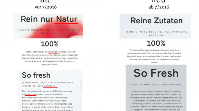 alt: Werbung „So fresh“ für Ringana-Produkte auf ringana.de, Screenshot vom 11.04.2016, vor Juli 2016; neu: ab Juli 2016 