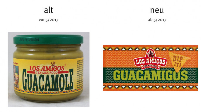 alt: Los Amigos Guacamole, vor Mai 2017, neu: Los Amigos Guacamigos Dip it!, ab Mai 2017, Herstellerfoto