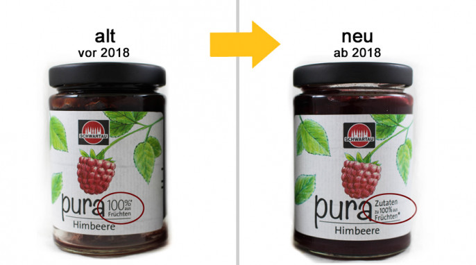 alt: Schwartau Pura, Beispiel Sorte Himbeere, vor 2018; neu: Schwartau Pura, Beispiel Sorte Himbeere, ab 2018