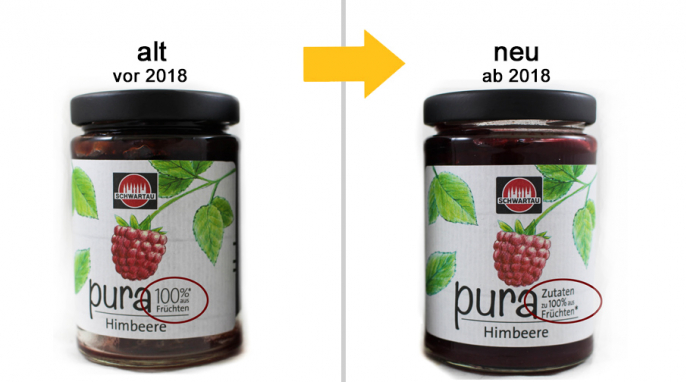 Pura Fruchtaufstrich Beispielsorte Himbeere vor und nach der Änderung