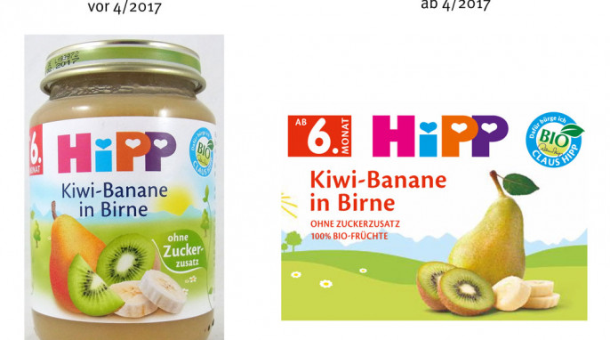 alt: Hipp Kiwi-Banane in Birne, vor April 2017, neu: Hipp Kiwi-Banane in Birne, ab April 2017, Herstellerfoto