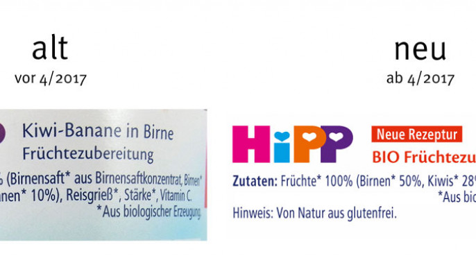alt: Zutaten, Hipp Kiwi-Banane in Birne, vor April 2017, neu: Hipp Kiwi-Banane in Birne, ab April 2017, Herstellerfoto