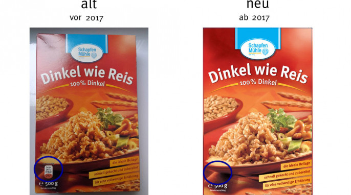 alt: SchapfenMühle Dinkel wie Reis, vor 2017, neu: SchapfenMühle Dinkel wie Reis, ab 2017