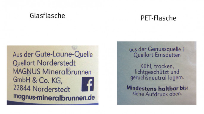 links: Quellort, Magnus Mineralwasser Glasflasche; rechts: PET-Flasche