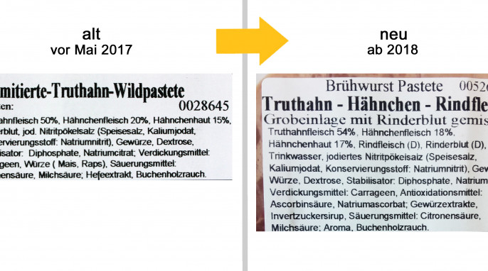 alt: Bezeichnung + Zutaten, Imitierte Truthahn-Wildpastete, vor Mai 2017; neu: Spilker Brühwurst Pastete aus Truthahn-, Hähnchen- und Rindfleisch, ab 2018
