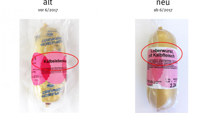 alt: Schäfermeier Kalbsleberwurst, vor 06/2017; neu: Leberwurst mit Kalbfleisch, ab 06/2017