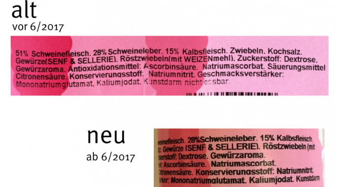 Zutaten, alt: Schäfermeier Kalbsleberwurst, vor 06/2017; neu: Leberwurst, mit Kalbfleisch, ab 06/2017