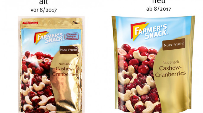 alt: Farmer‘s Snack „Cashew Cranberries“, vor 8/2017; neu: ab 8/2017, Herstellerfoto