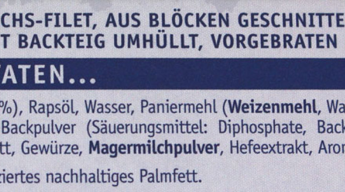 Bezeichnung und Zutaten, Iglo Backfisch-Stäbchen